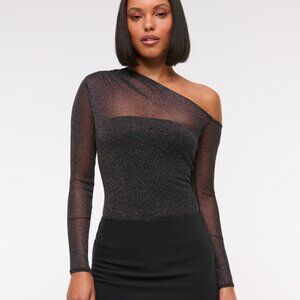 Long-Sleeve Asymmetrical Draped Mesh Bodysuit
